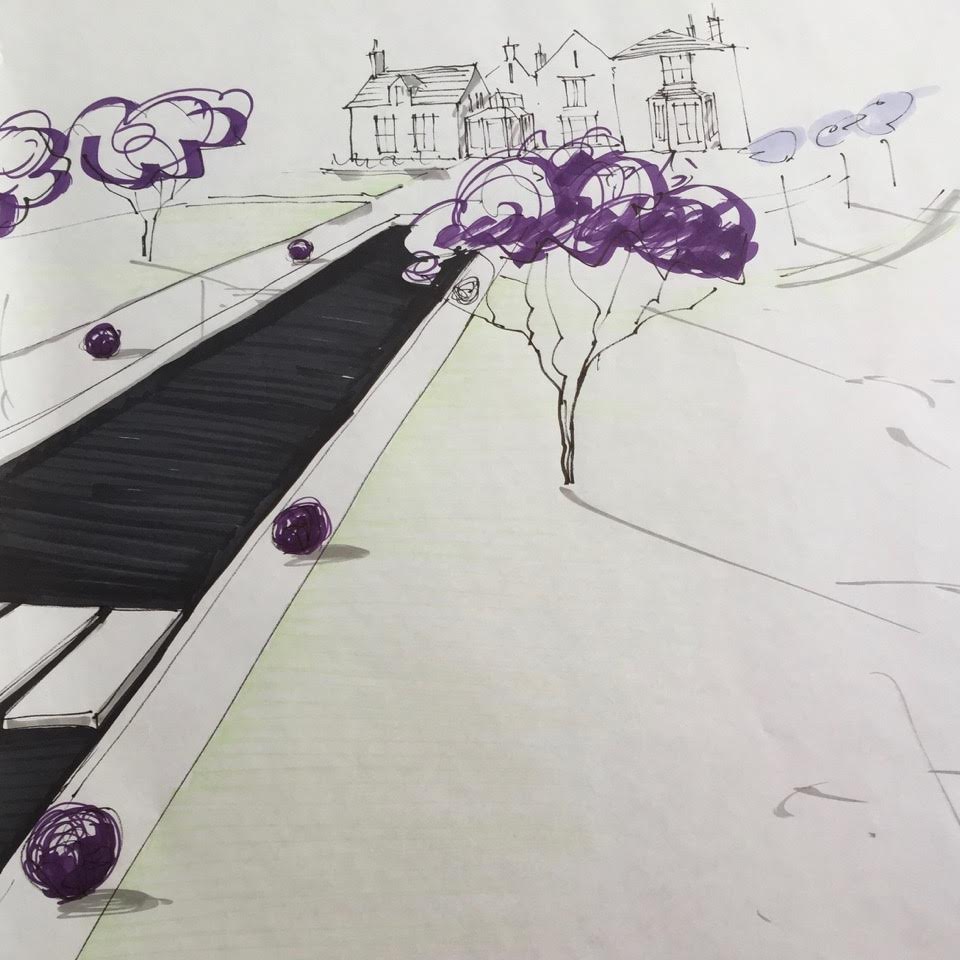 This s a sketch of a contemporary garden design for a large garden in Northamptonshire