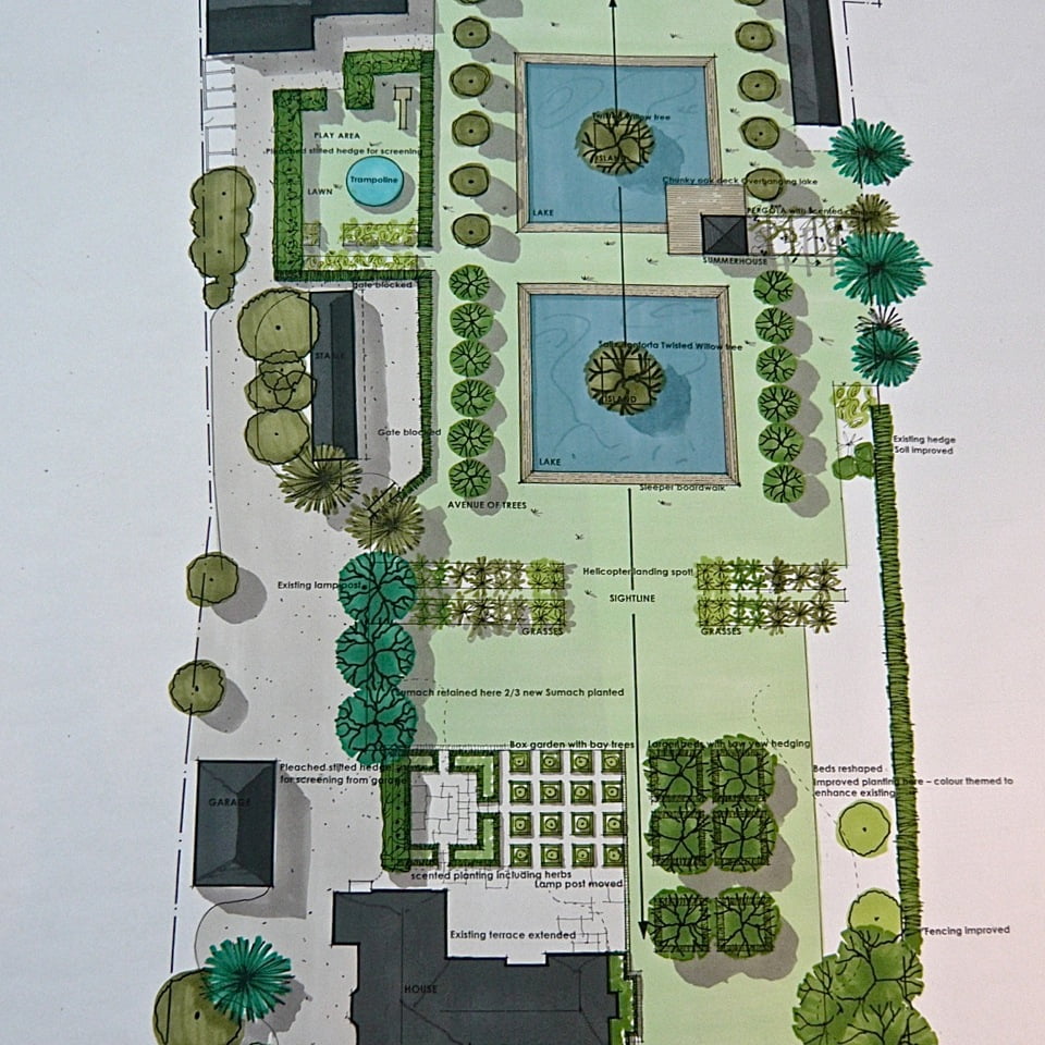 This is my drawing for a large country garden near henley on thames. Two large pools with a summerhouse, parterres, lavender & pleached trees plus room for a helicopter! A lovely project to work on
www.joannealderson.com.