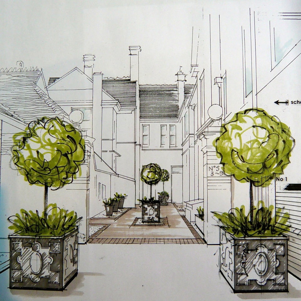 Here is my drawing for the courtyard scheme at the large shared Victorian courtyard