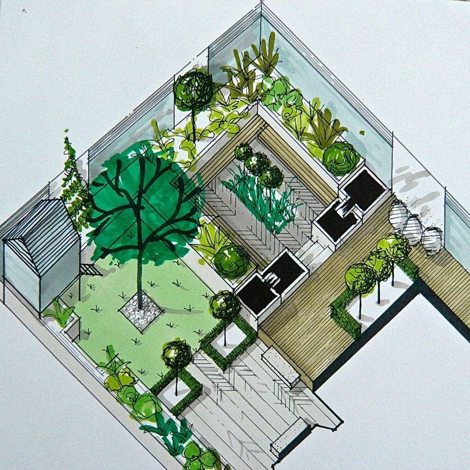 This is my axonometric drawing for a small but very smart town garden with inset seats, two cascading water features & space for the children to play too