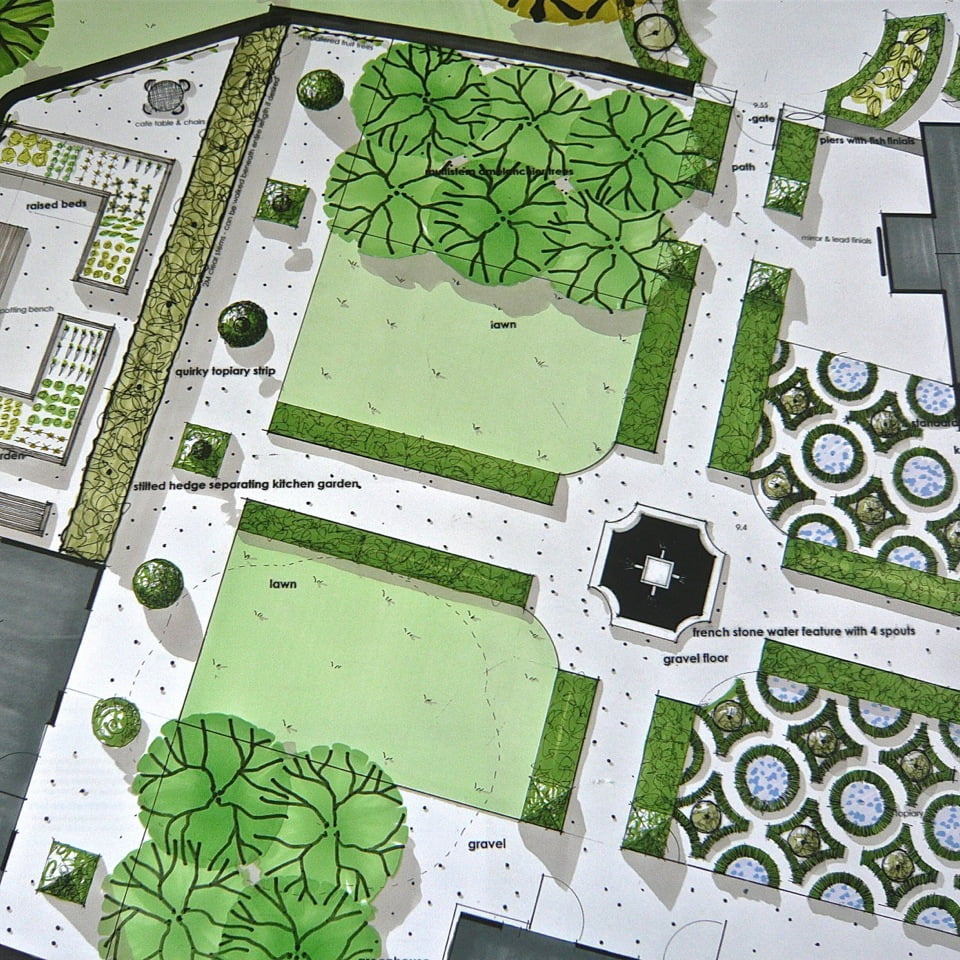 This is my plan drawing for a large walled garden with French stone fountain & knot garden near Henley on Thames
Design, drawing & colour by Jo
www.joannealderson.com