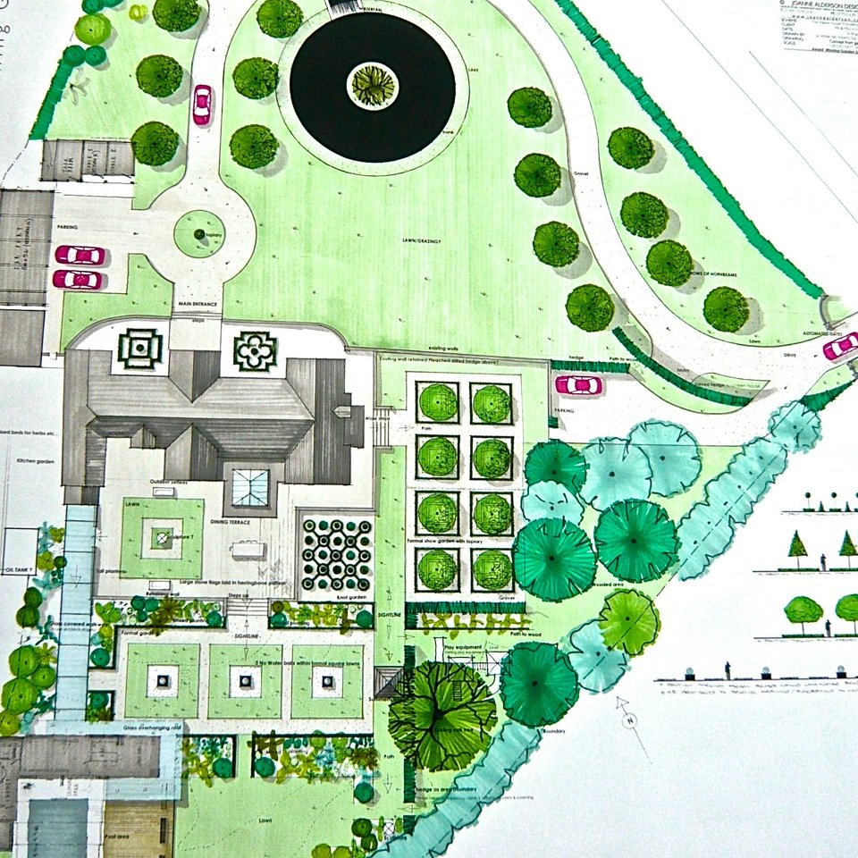 This is my plan drawing for a very smart family garden around a manor house in Northamptonshire. Classic formal styling to suit the house but a children's play area is included too.
Design & drawings by Jo www.joannealderson.com