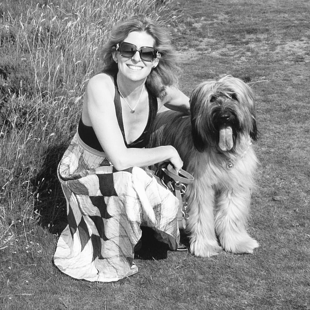 Jo Alderson Phillips Award winning garden designer with Charlie her beautiful Briard