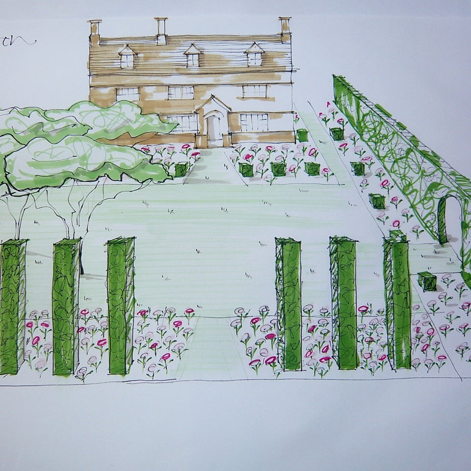 This is my sketch for the front garden of a Cotswold farmhouse. Lots of pretty flowers with topiary cubes & columns for structure