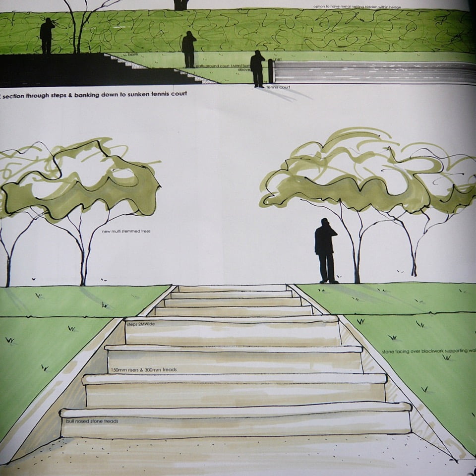 My drawings for inbuilt steps down to a sunken tennis court for this large Cotswold garden