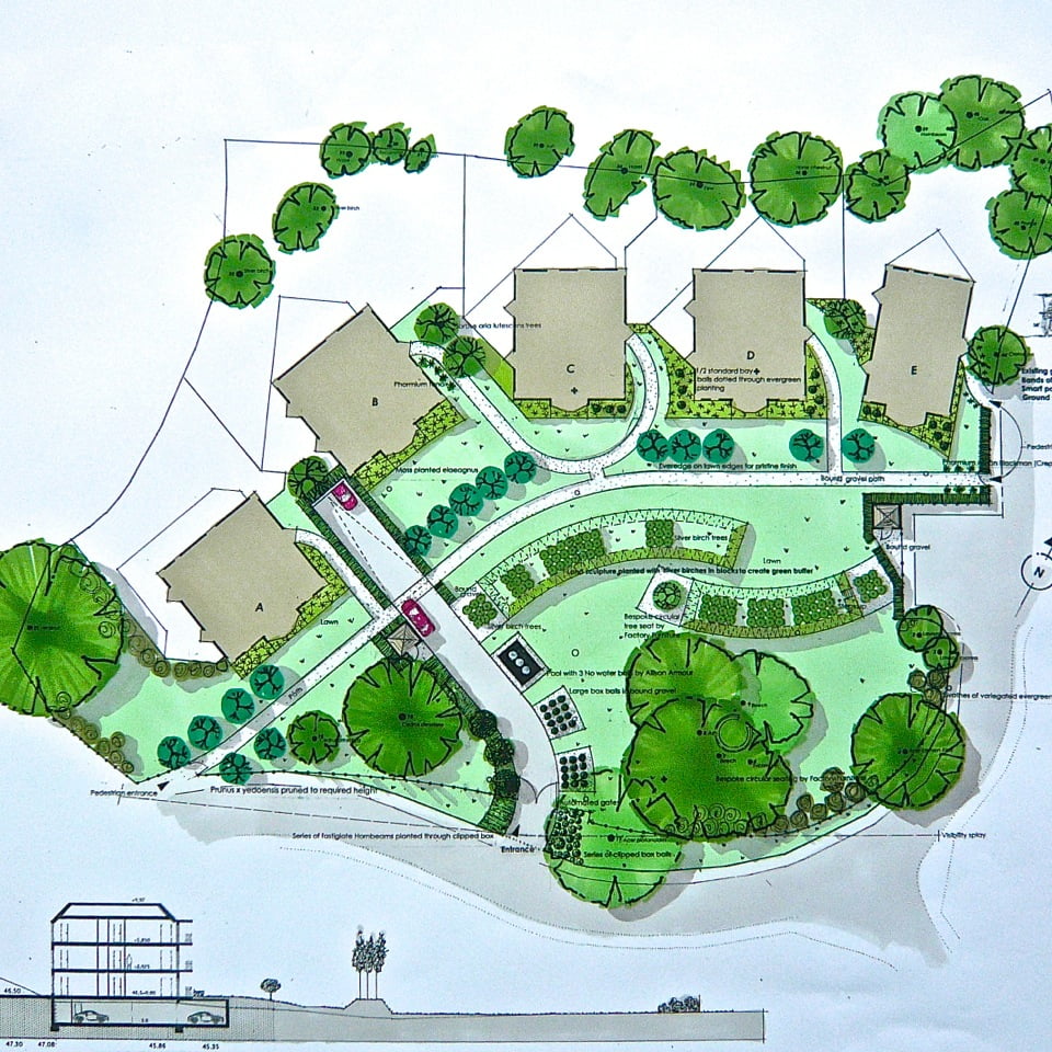 This is my original plan drawing for the public spaces around 5 blocks of flats in Gerrards Cross