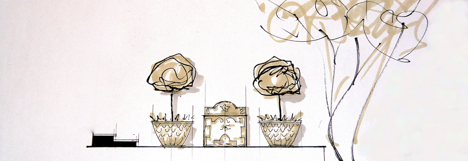 I always draw my schemes for my clients to clearly see how their new gardens will be. This is a small cistern water feature with a pair of large planters & pompom trees