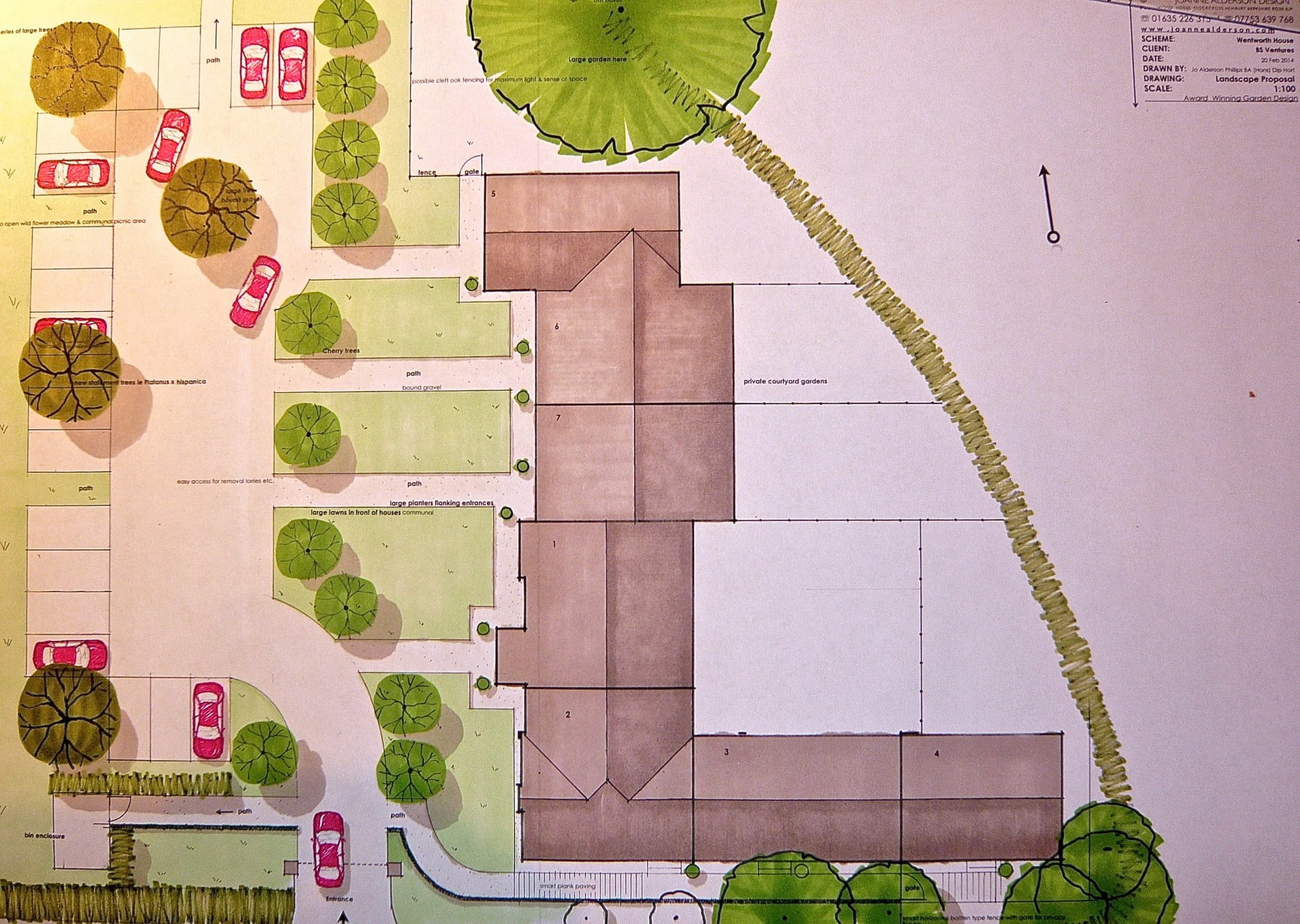 This is my drawing for a commercial project showing the front gardens & parking area for the development in Wargrave near Henley on Thames