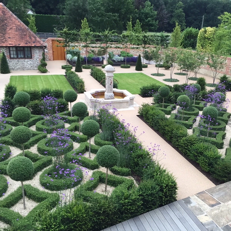 This is the french fountain & knot garden in the walled garden I designed for my clients near henley on thames