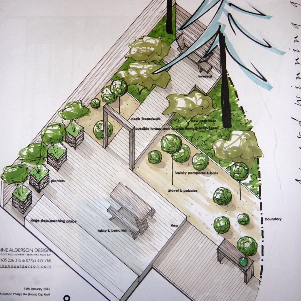 sketch of small garden for a barn conversion by Jo Alderson Design