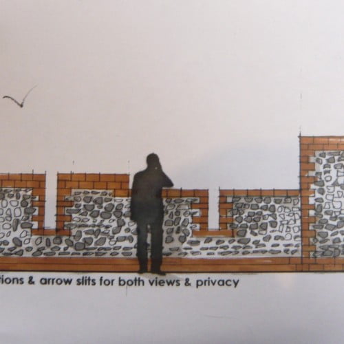 This is a design for a brick & flint wall for my Norfolk client. It had to relate to the local buildings, keep the weeds out yet still allow a view across the fields to a pretty windmill