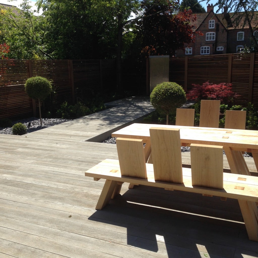 The shows the lovely Millboard deck & boardwalk with water wall