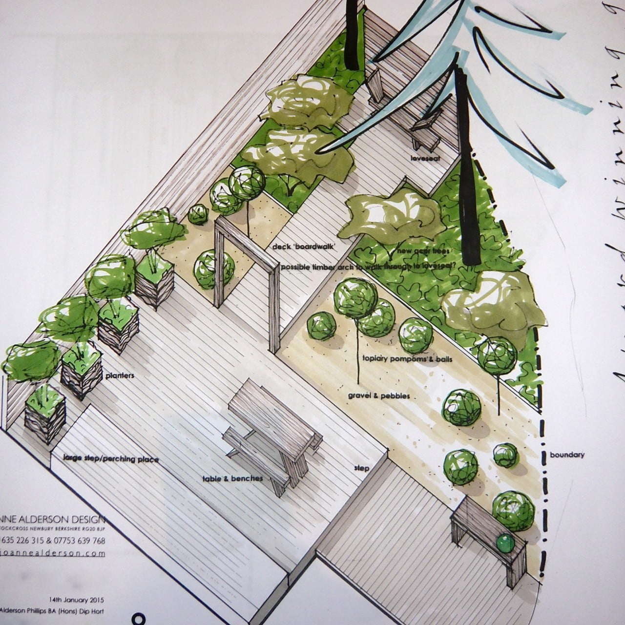 MY axonometric drawing of the modern garden I designed for this small courtyard