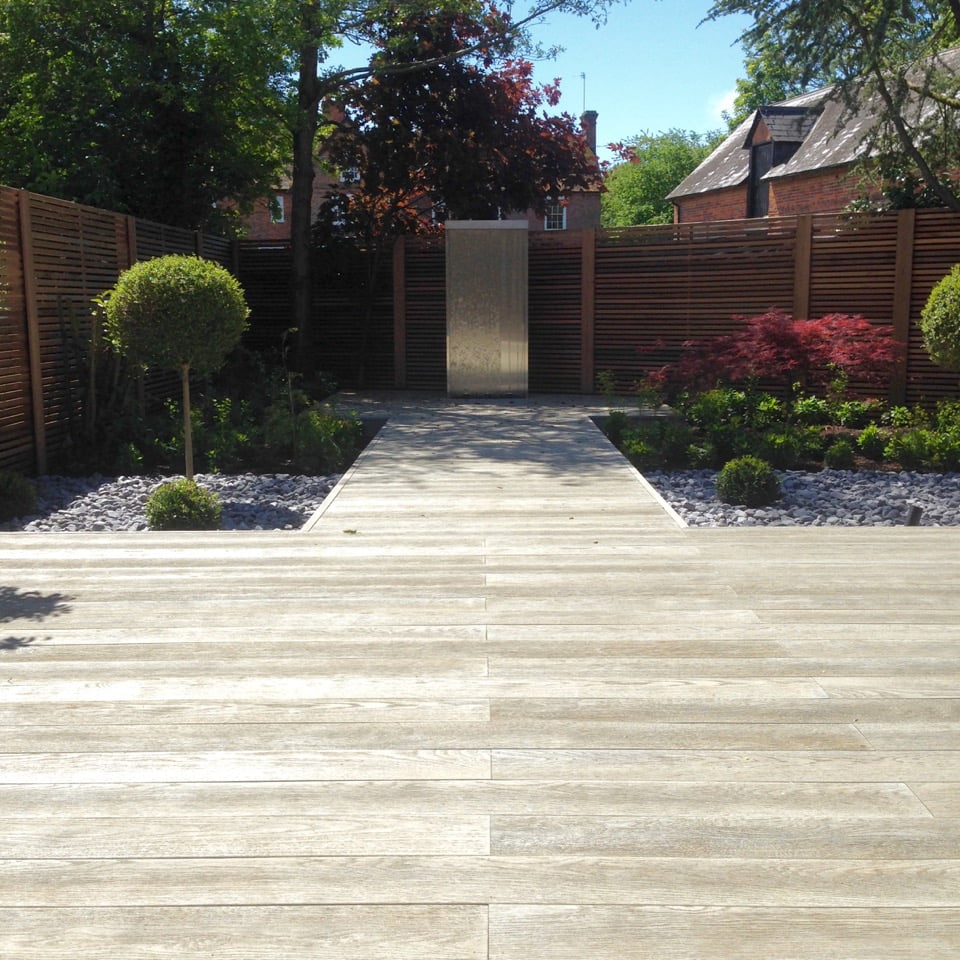 Here's the water feature in the modern small garden