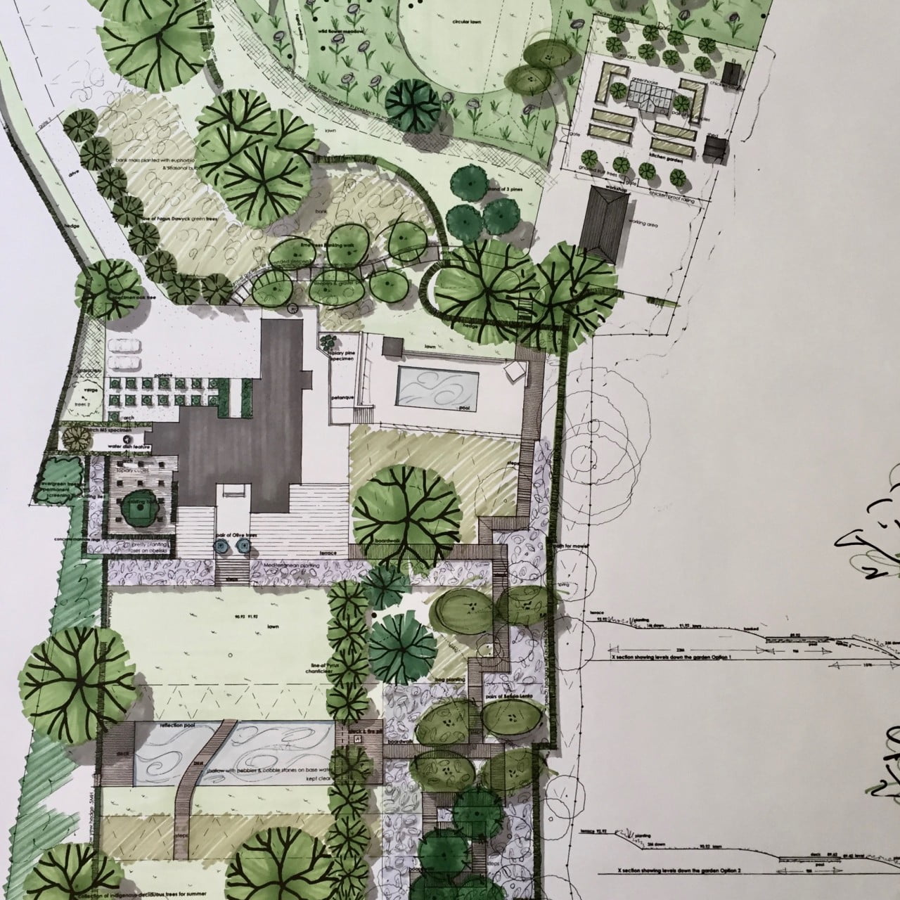 This is my drawing for a large sloping garden in Berkhamstead. It is a contemporary garden with reflection pool & boardwalk.