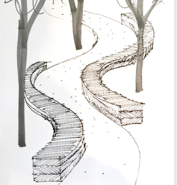 Drawing by Jo Alderson Phillips of woven garden seating in willow flanking pathways in a woodland garden