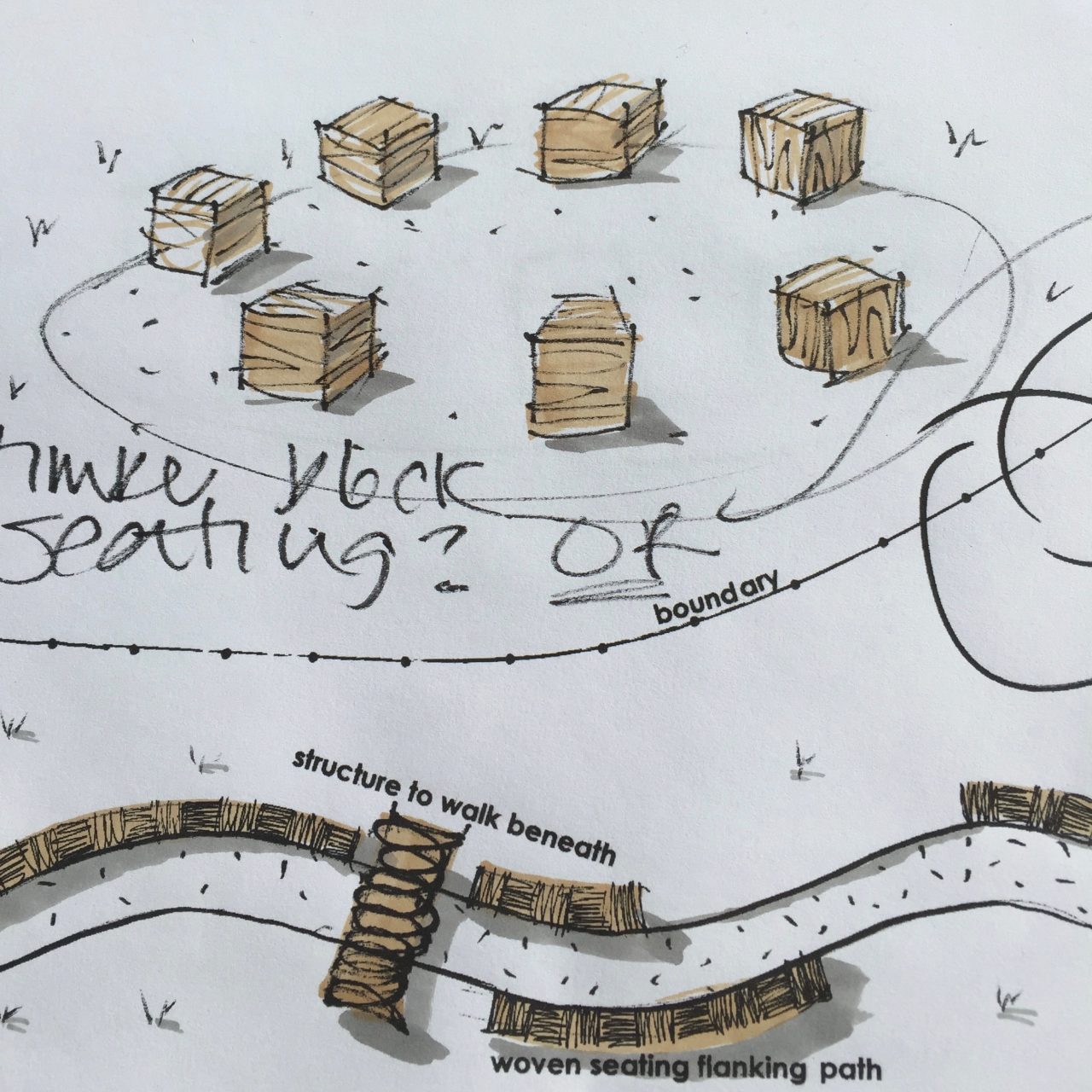 Drawing of oak block garden seating for a woodland garden