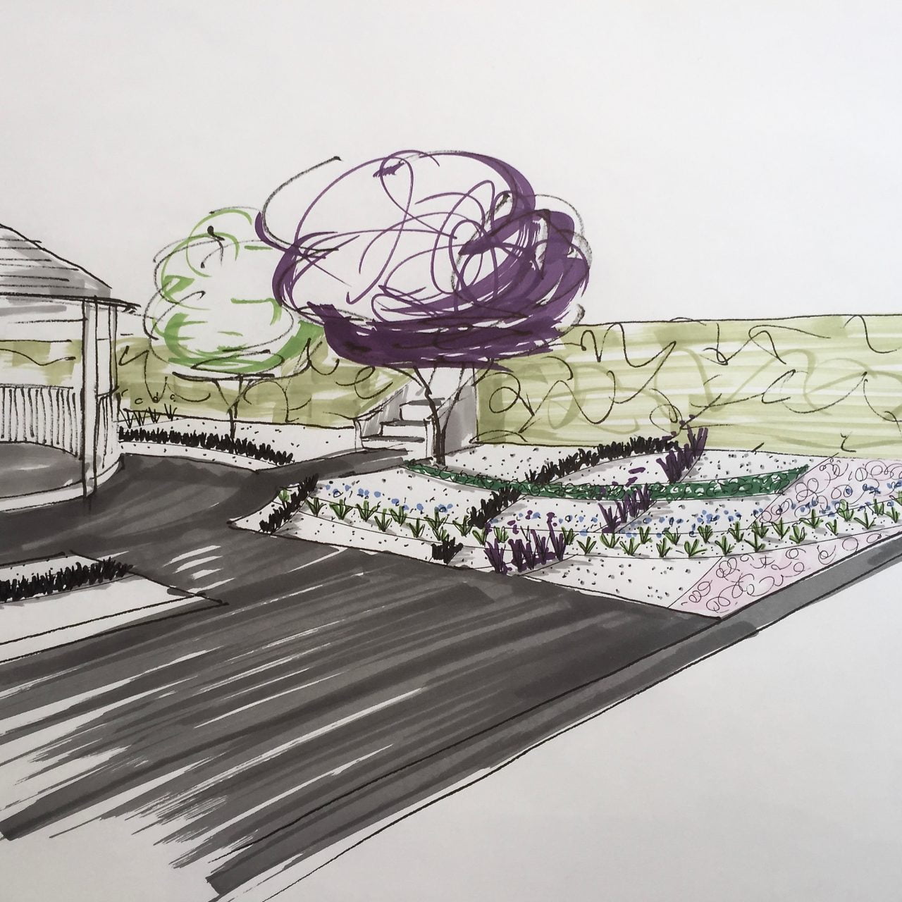 A sketch for a contemporary gravel garden in a small modern garden with a breeze house