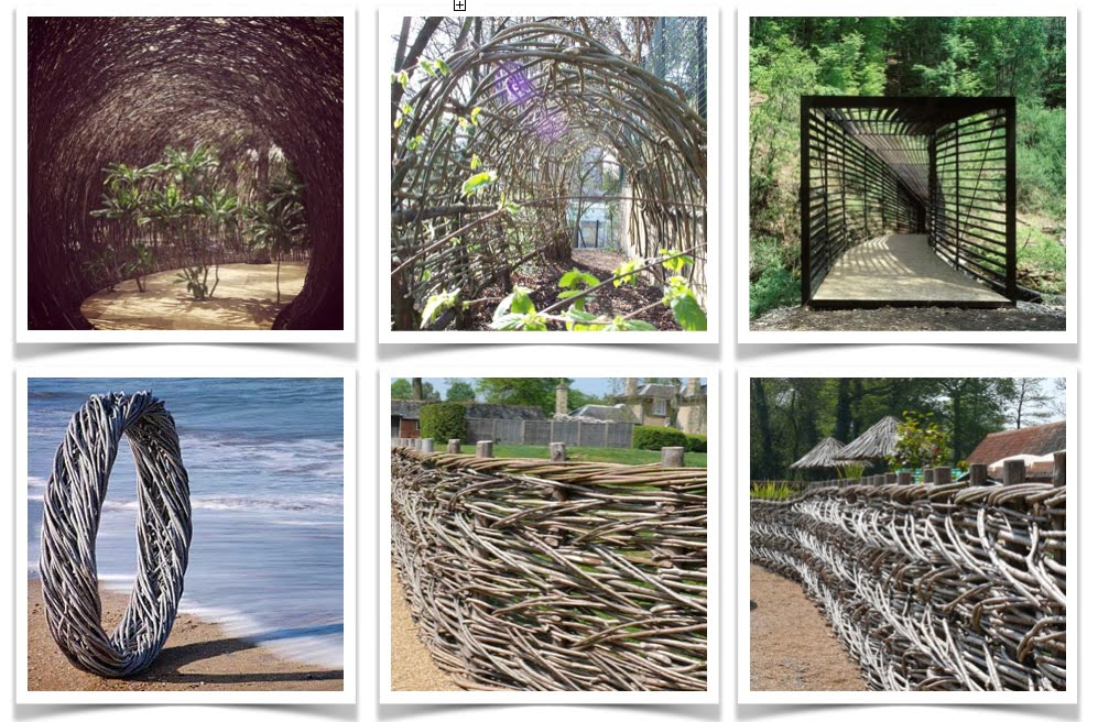 A collection of woven garden sculptures, fences & walkways for a woodland garden by Jo Alderson Design