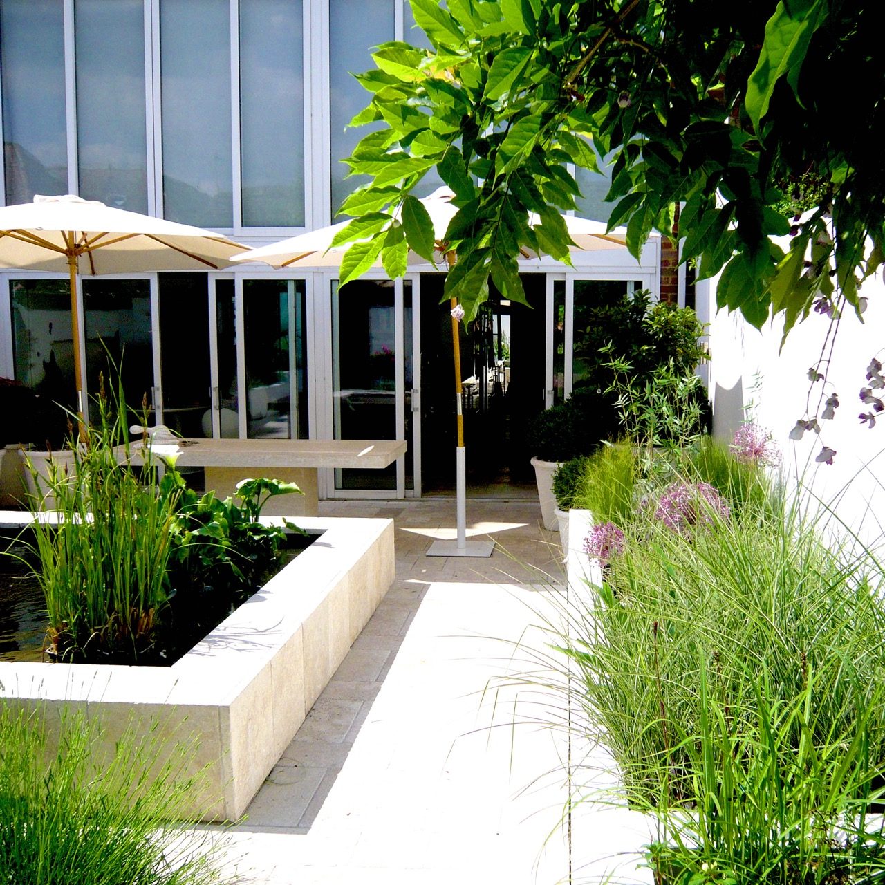 contemporary courtyard garden with white rendered walls & reflection pool in Henley on Thames