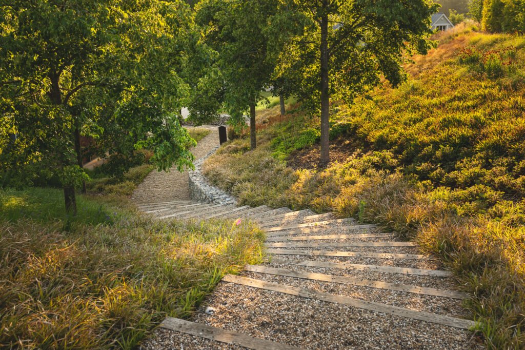 Sweeping steps in a garden design by Jo Alderson Phillips in oak & gravel - www.joannealderson.com