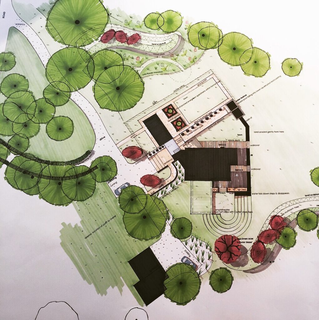 My drawing for this Cotswoldscheme incorporating a corten steel amphitheatre & pretty cottage garden