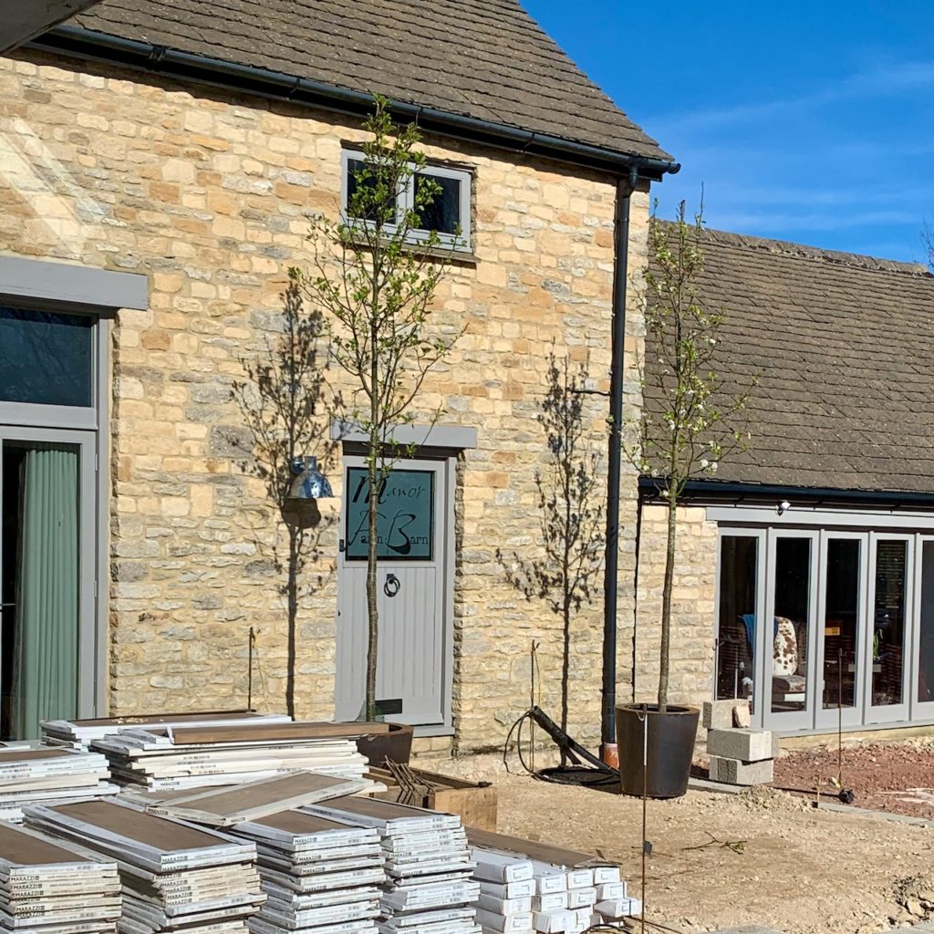 A pair of Pyrus calleryana Chanticleer (ornamental pears) flanking the door in their new pots