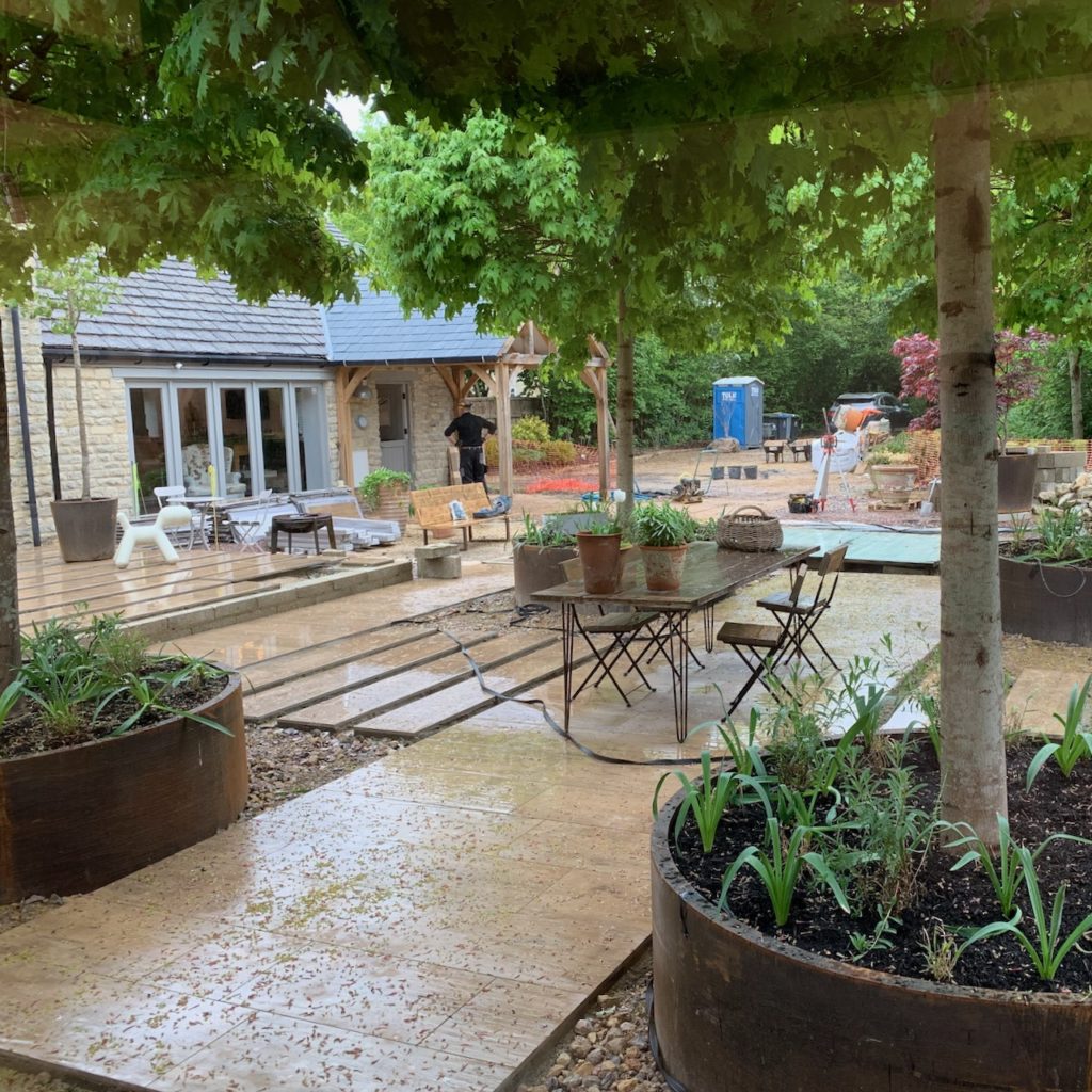 Our garden being built in the rain