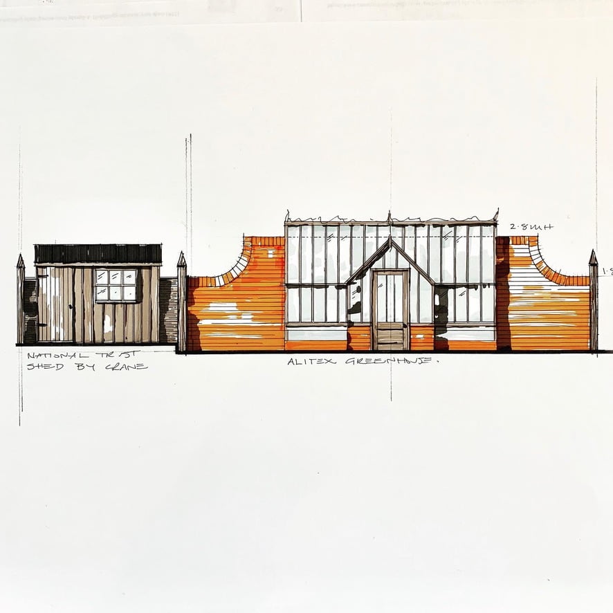 Sketch of the proposed new Alit greenhouse & wall design by Jo Alderson Phillips
www.joannealderson.com
