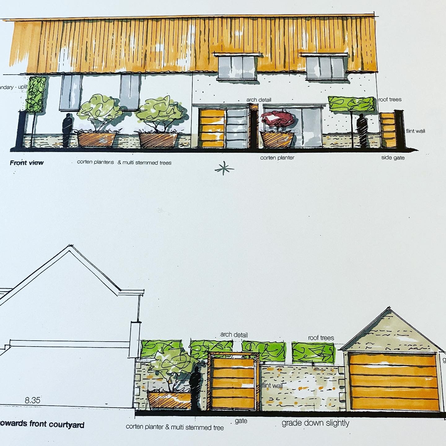 My drawings & plans for a scheme in Norfolk featuring corten steel planters & gate. All drawn by Jo
www.joannealderson.com