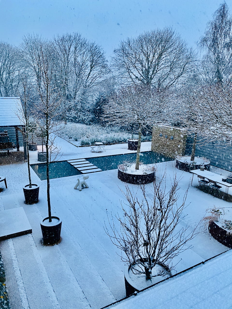 View from above of our snowy Cotswold courtyard by Jo Alderson Phillips