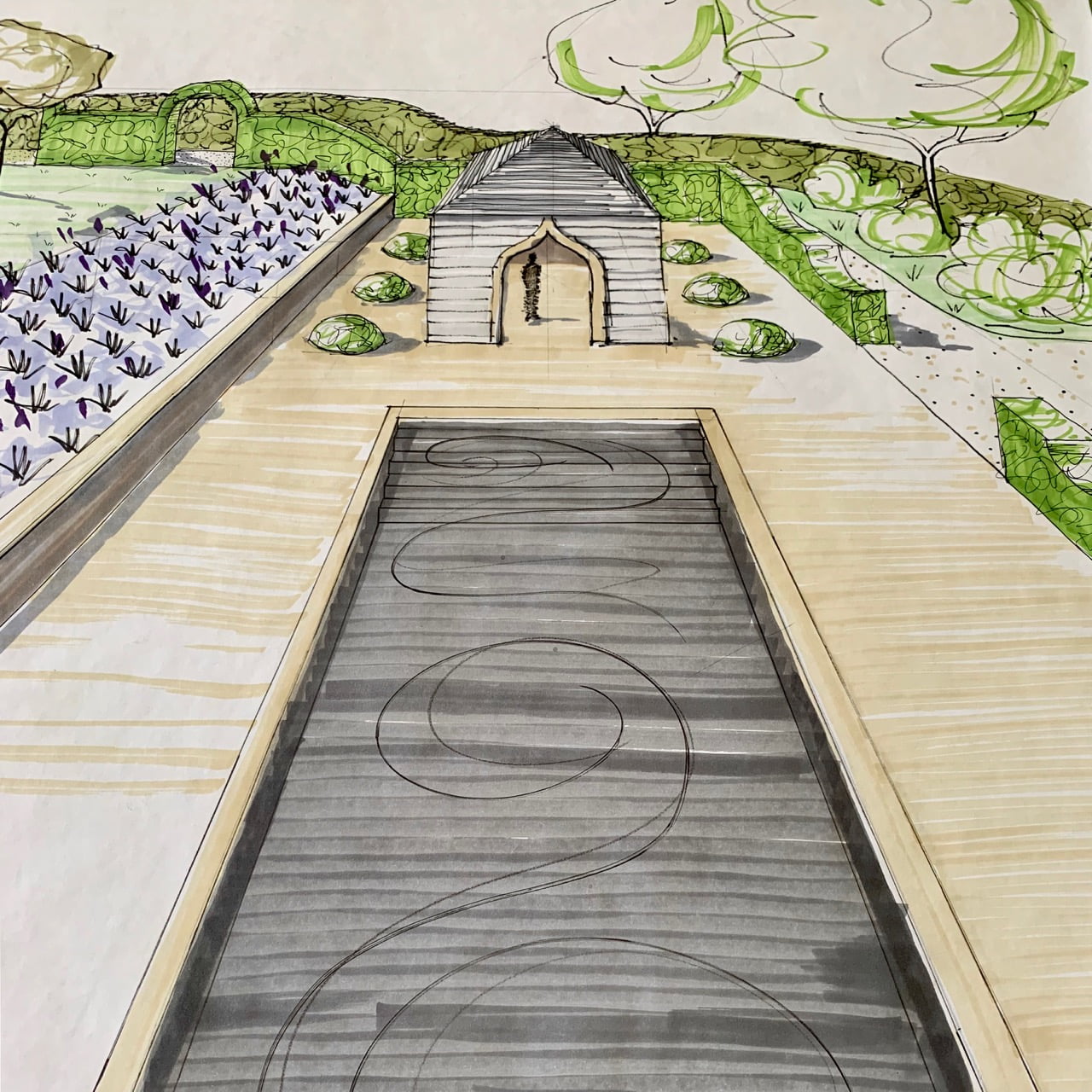 drawing of a reflection pool & 'nook'. Garden design by JoAlderson Phillips www.joannealderson.com