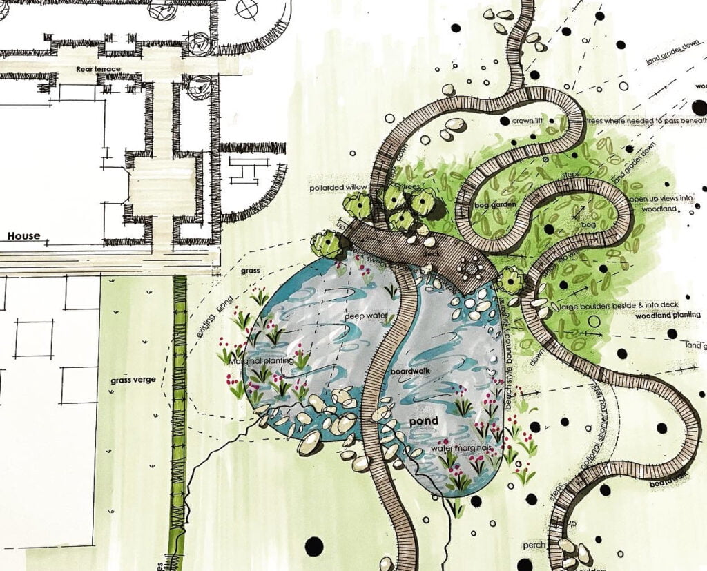 Proposal for a new pond by Joanne Alderson Design
Design, hand drawn & coloured by Jo
www.joannealderson.com