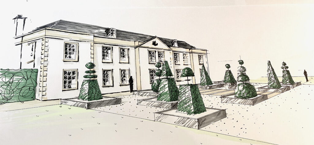 drawing of topiary at Pips Place by Jo Alderson Phillips