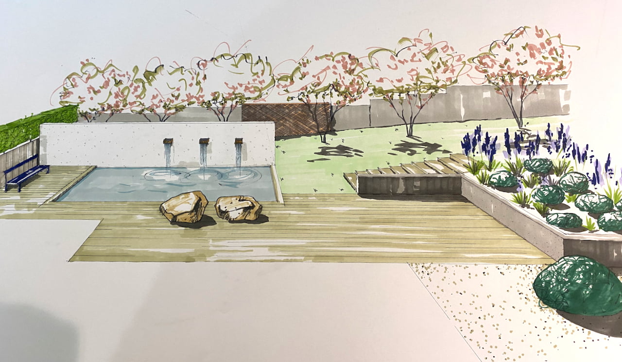 courtyard garden designed & illustrated by Jo Alderson Phillips