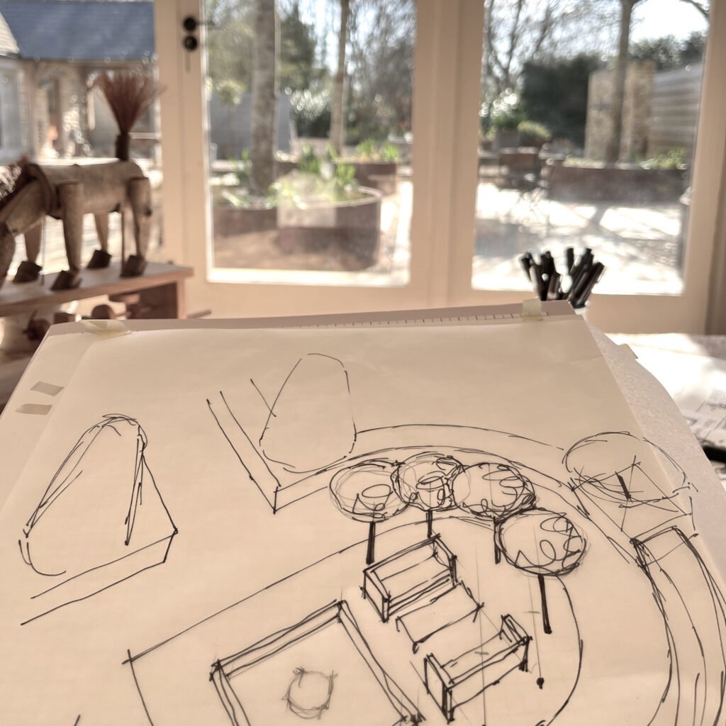 starting to sketch a courtyard garden with topiary