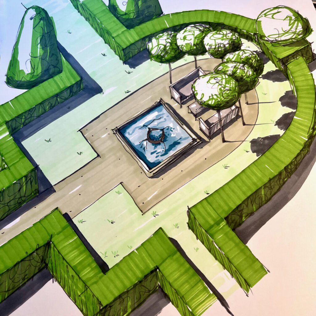 coloured drawing of new topiary courtyard