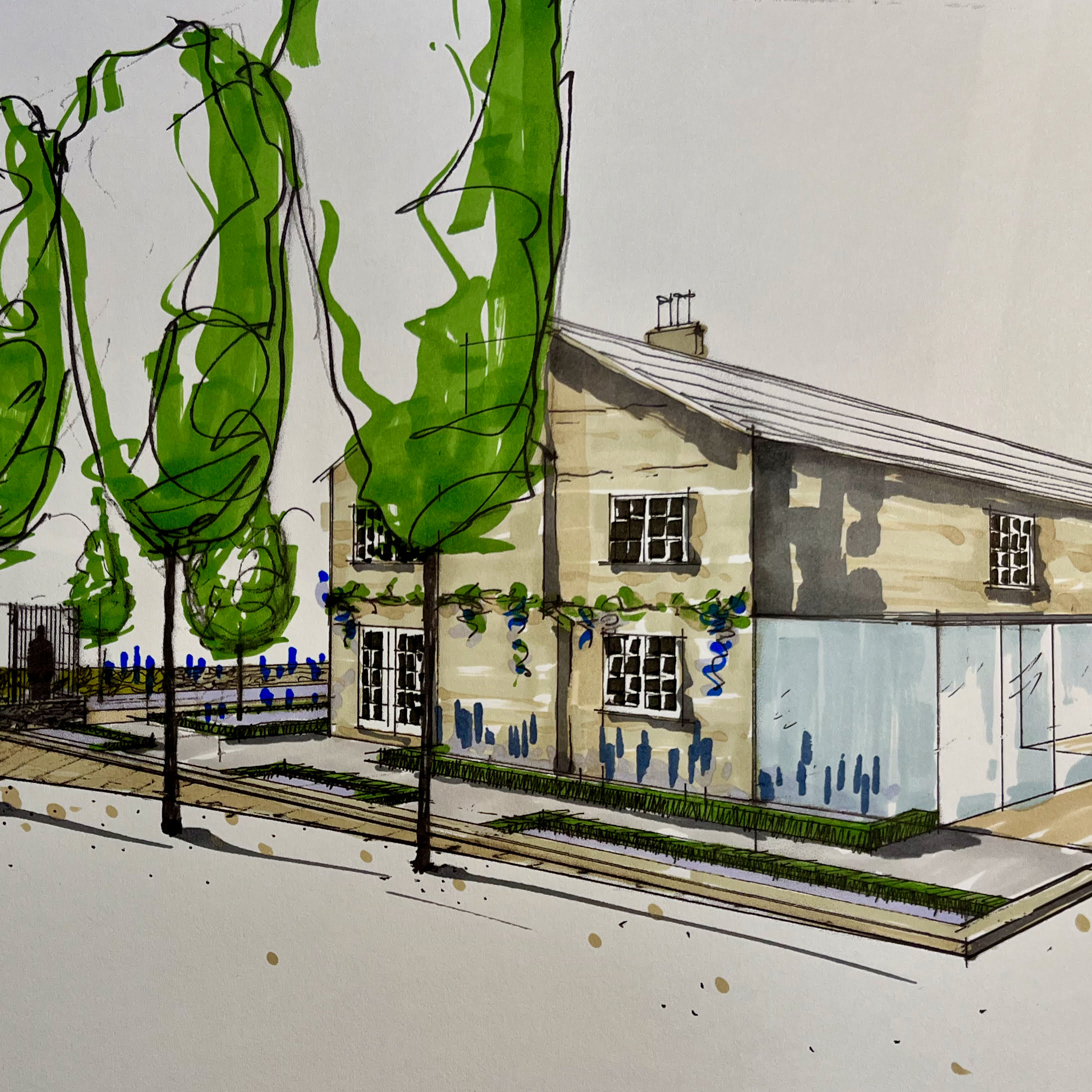 Illustration by Jo Alderson Phillips of a new courtyard garden forming part of a much larger Oxfordshire garden
