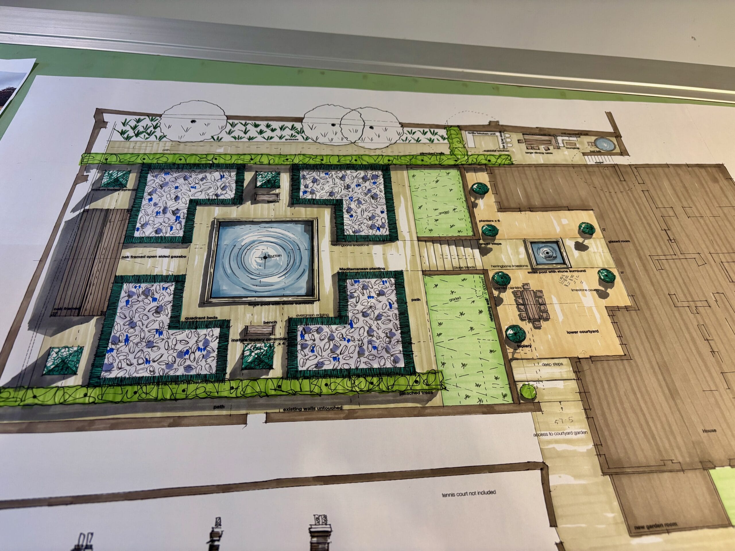 My garden design drawing. It's a walled garden with parterre, pool & oak framed shelter