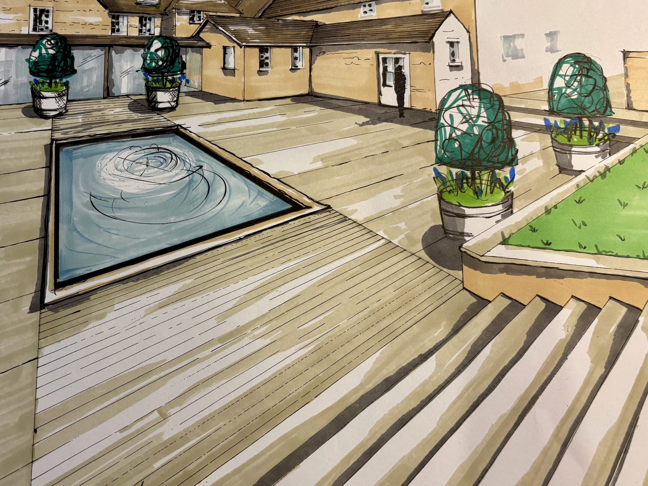 My sketch of steps leading down to a small courtyard with great topiary pieces